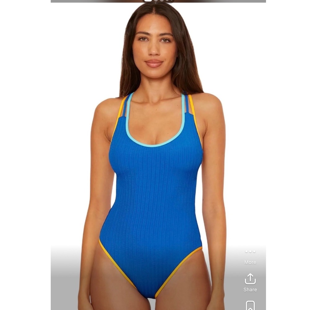 Becca Womens Crinkle Crush One Piece Swimsuit Blue Yellow Open Back Medium